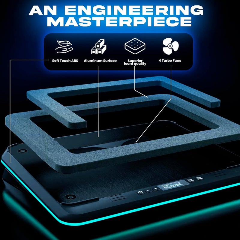 KLIM Turbofrost Gaming Laptop Cooling Pad - 4 Powerful Turbo Fans - 4 x 4000 RPM, Dynamic RGB, 4-Ports USB, Laptop Cooler 2 Power Modes USB-C/DC, Sealed Foam for Fast Cooling - Up to 17in - Black - Image 4